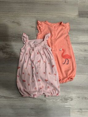 Carter's Pink & Coral Flamingo and Fruit Romper Set